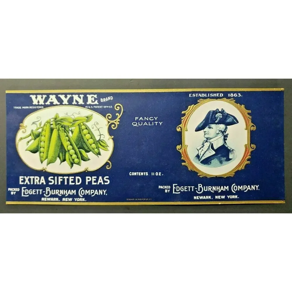 Vintage Wayne Brand Sifted Peas Edgett Burnham Co New York 1940s Can Label z2